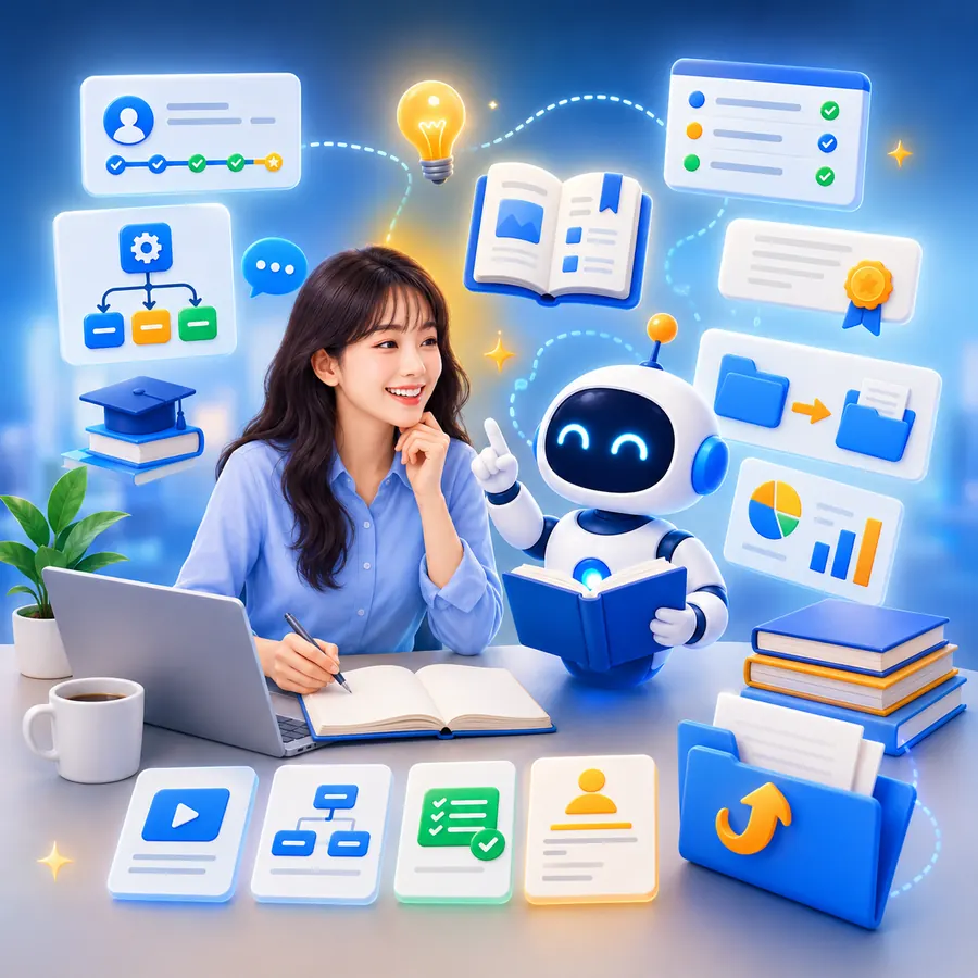 사무실에서 직원과 친근한 자동화 로봇이 함께 반복업무를 정리하는 AI 생성 콘셉트 이미지